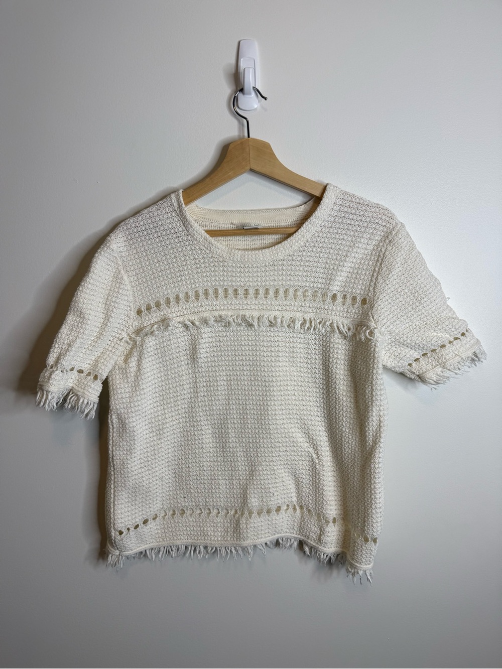 J. Crew Cream Fringe Short-Sleeve Knit Top size large